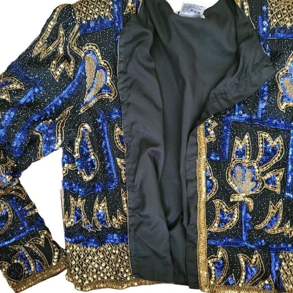 Vintage Silk Beaded Sequin Brilliante Blazer Dinner Jacket by JA Blue Black - Picture 4 of 11